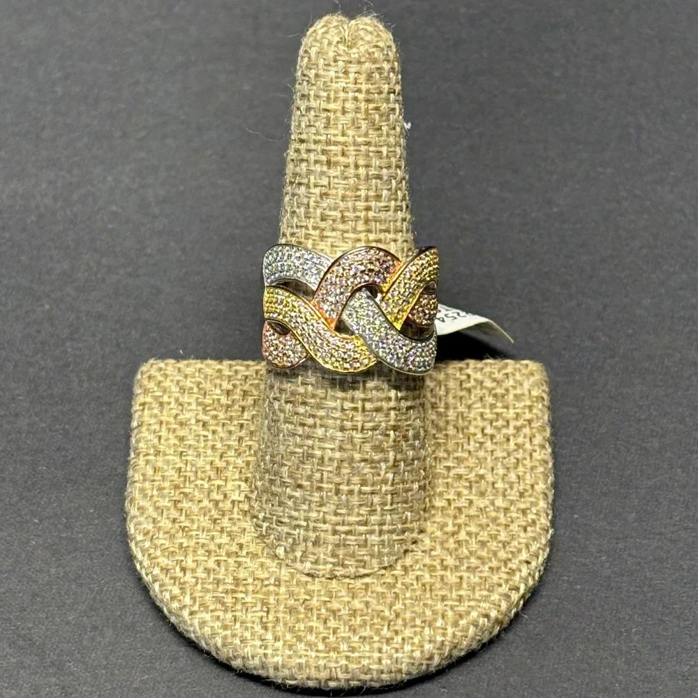 Sterling Silver 925 Pavé CZ Three Tone Interlocking Woven Knot Ring Size 9 6.7g